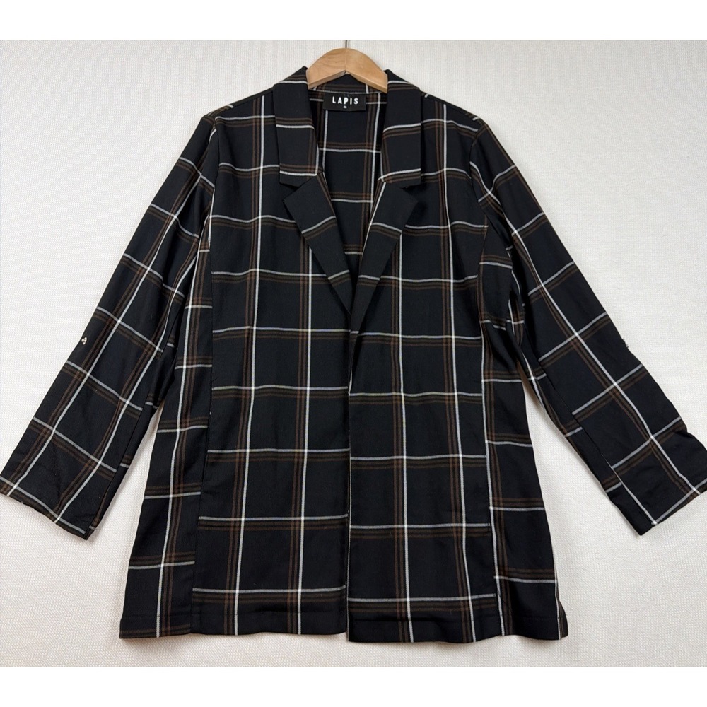 Lapis Open Front Roll Tab Sleeve Plaid Blazer Size M Brown Pockets Office Casual